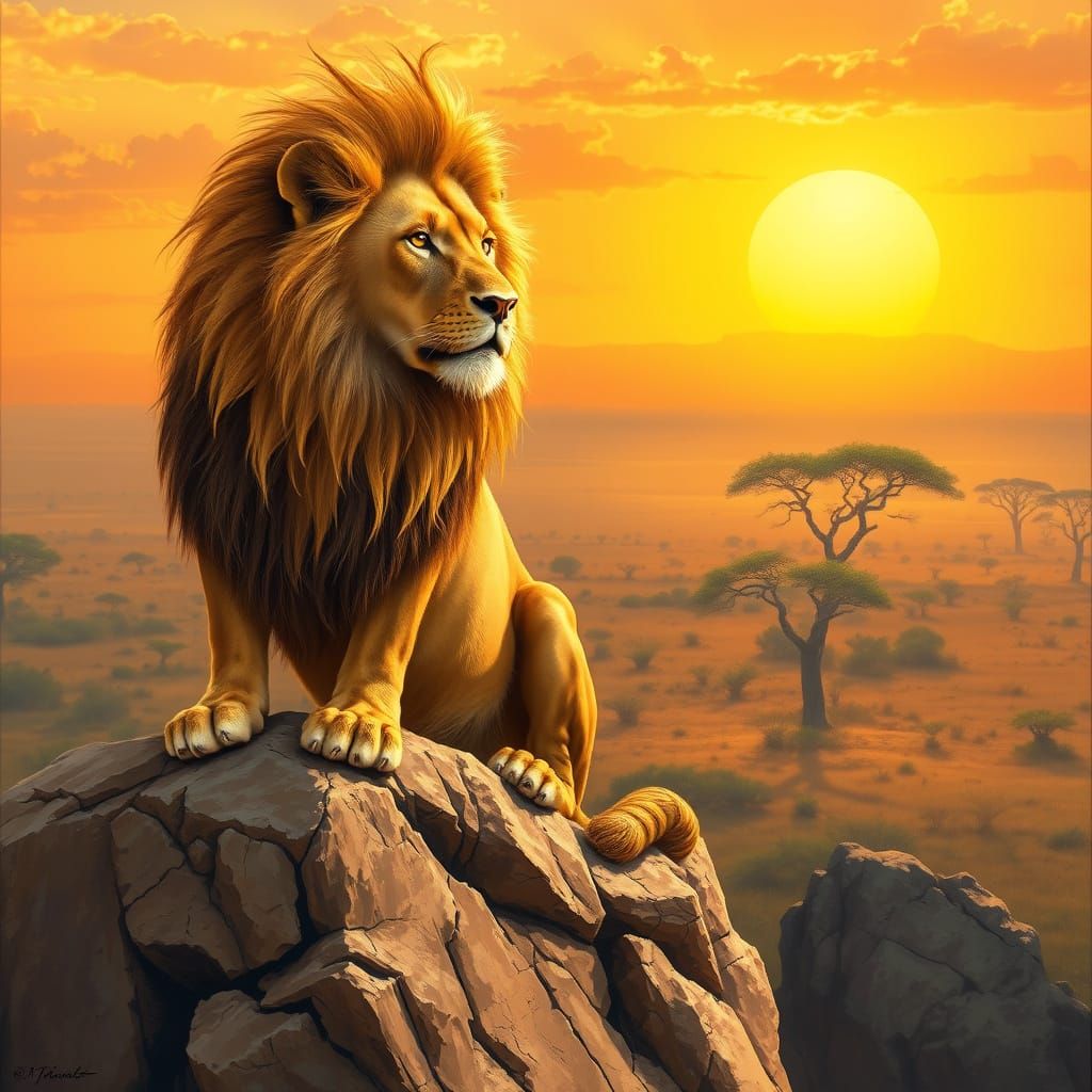 Lion Overlooking African Savanna in Wildlife Painting Style