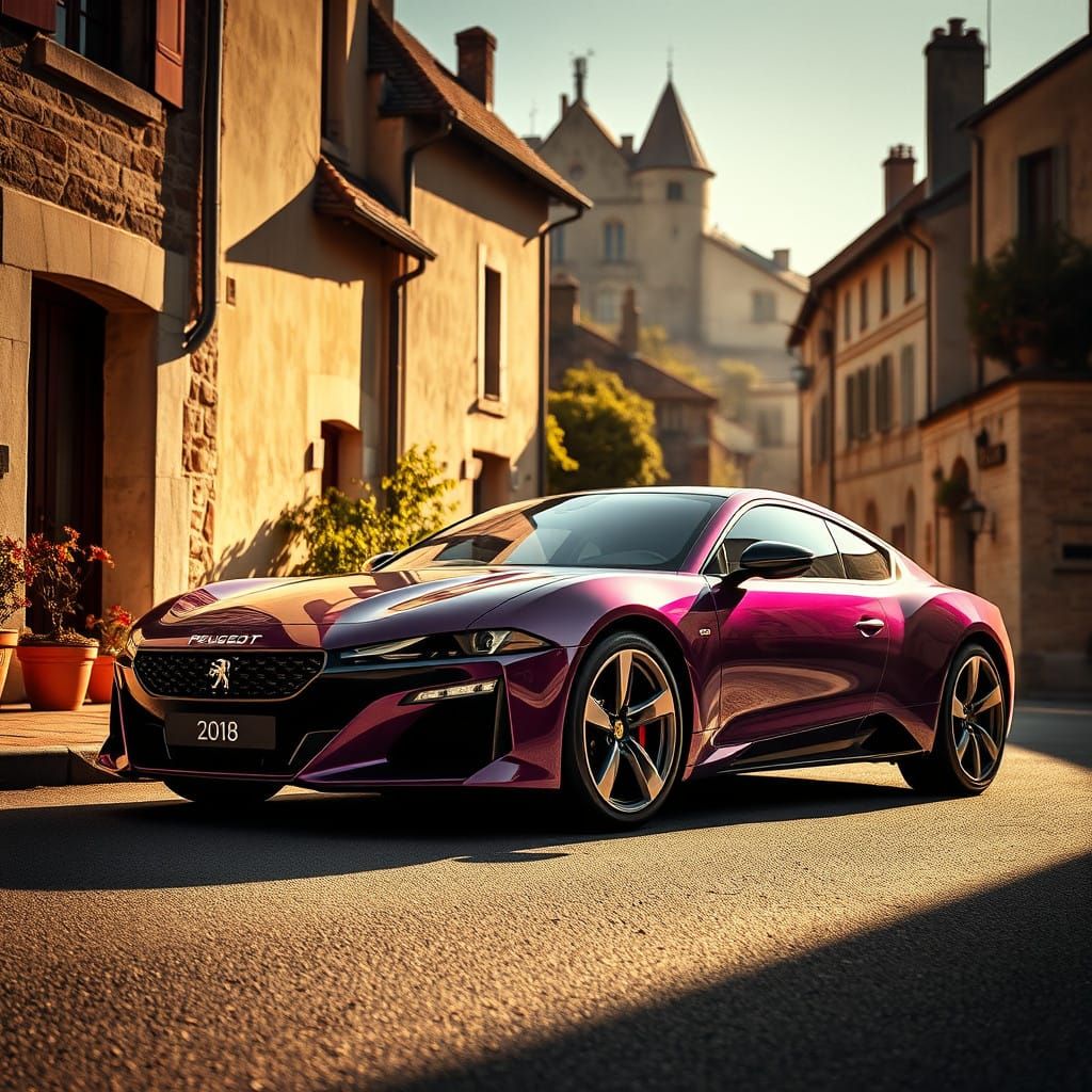 Elegant Purple Peugeot GT Supercar in Sun-Drenched French Vi...