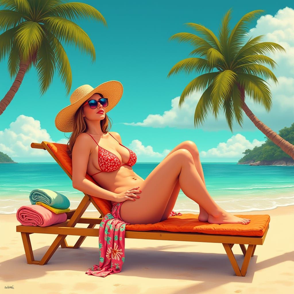 Sultry Tropical Goddess Relaxing on a Vibrant Beach