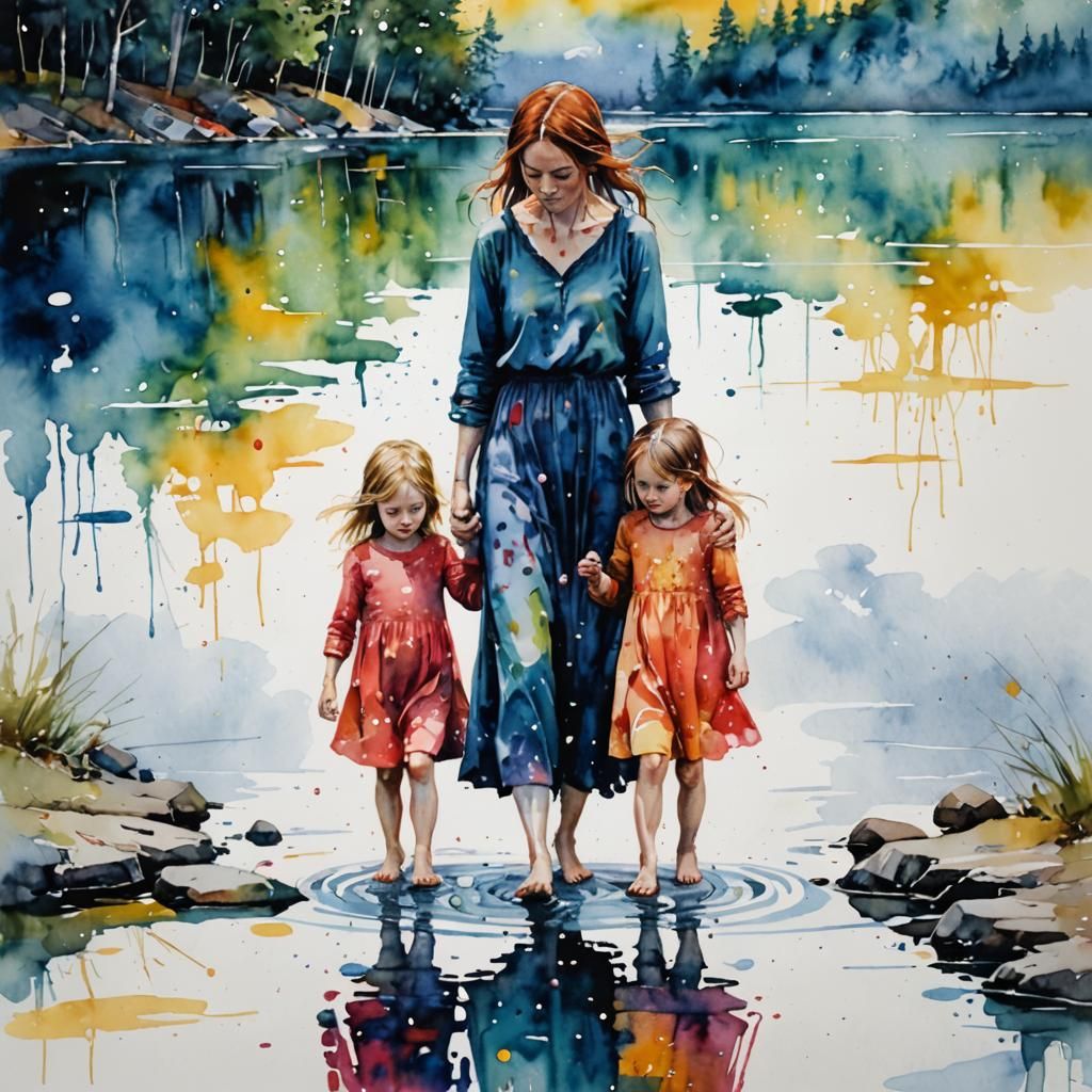 Mother and Daughters at Lake, Vibrant Watercolour
