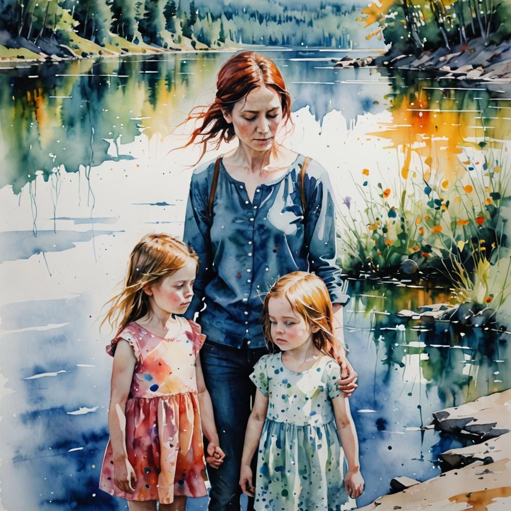 Mother and Daughters at Lake: Watercolour Masterpiece