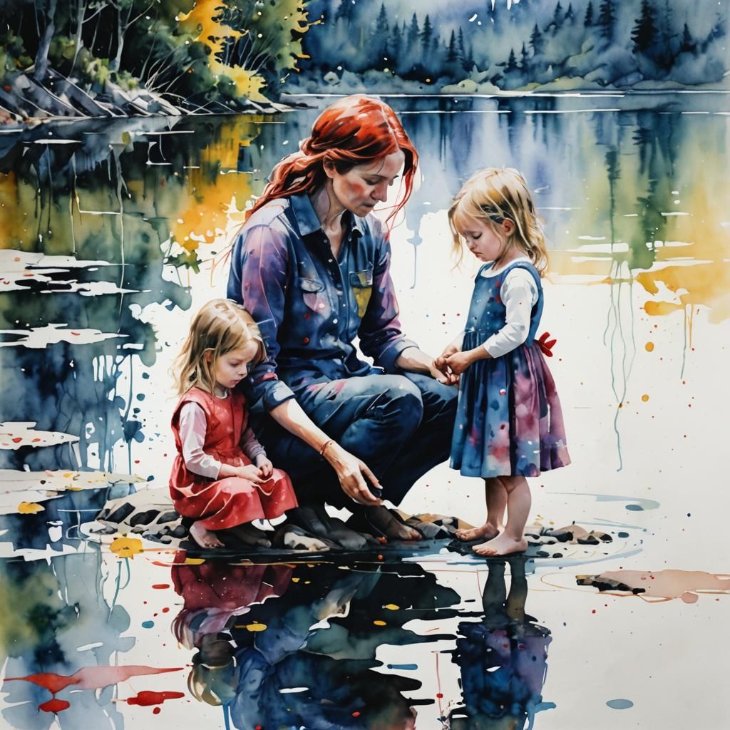 Mother and Daughters at the Lake: Watercolour Painting