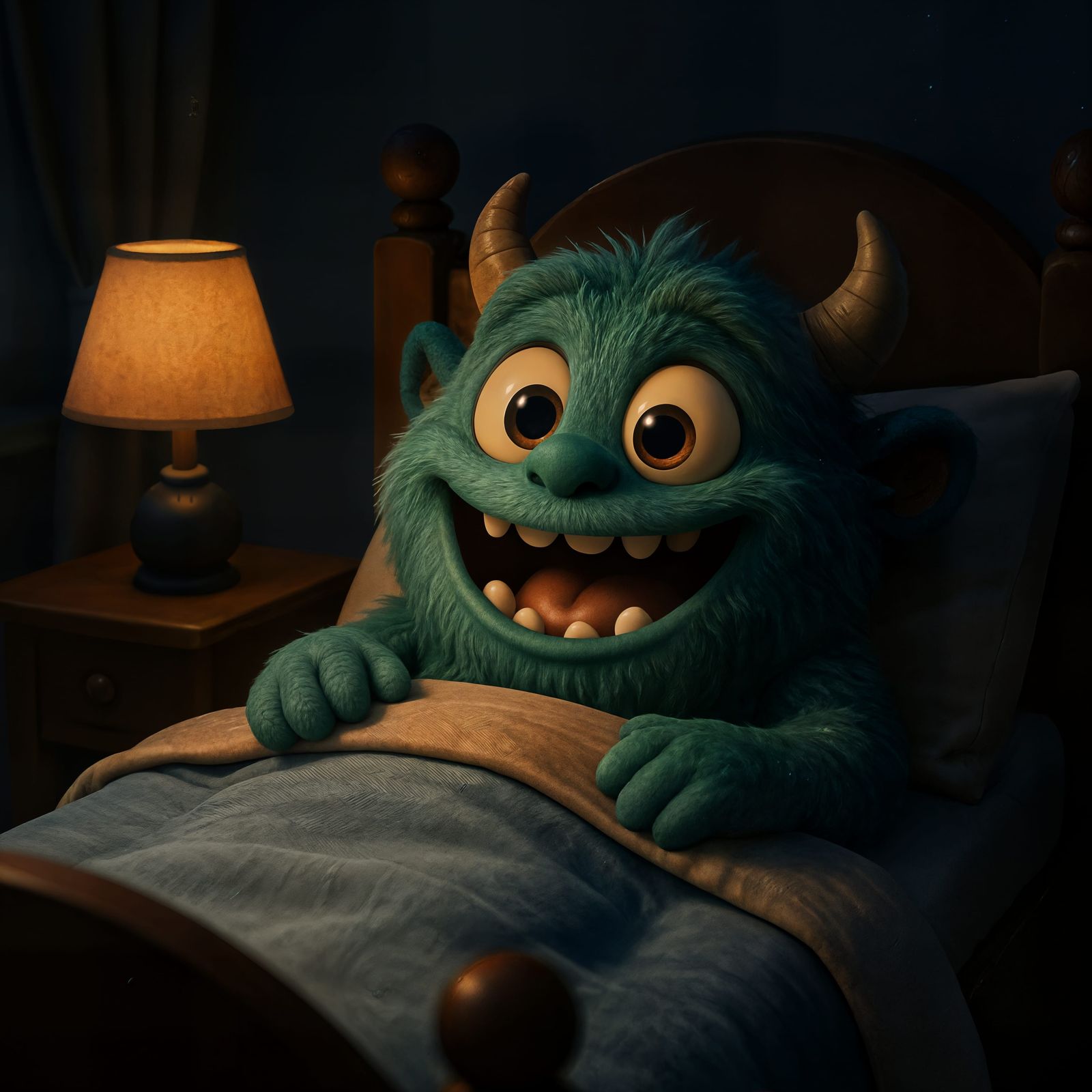 Happy Cartoon Monster in Bed at Night