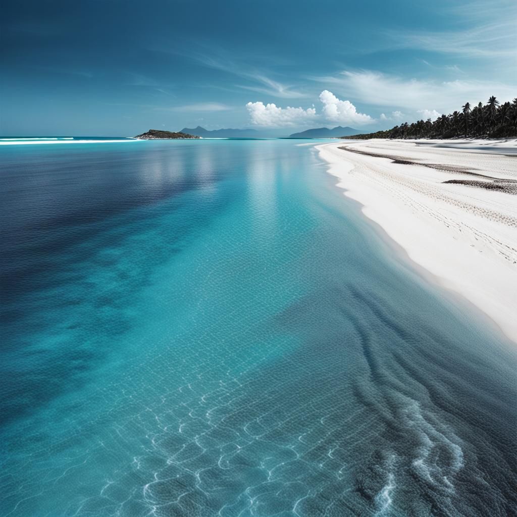 A pearly white beach  with an azure sea turning into dark se...