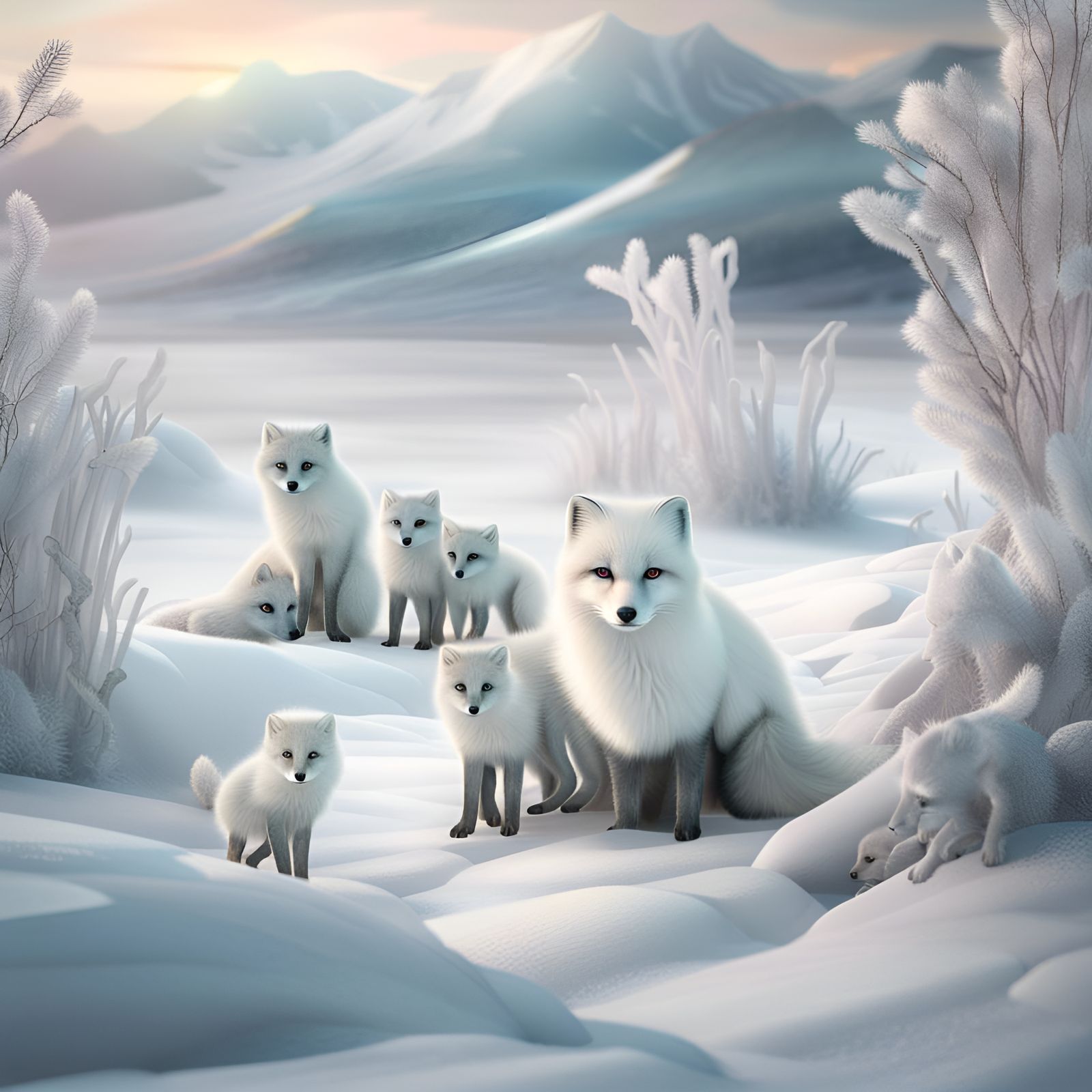 Arctic Fox Family in Frozen Landscape