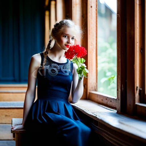 Teenager in Black Dress with Geranium