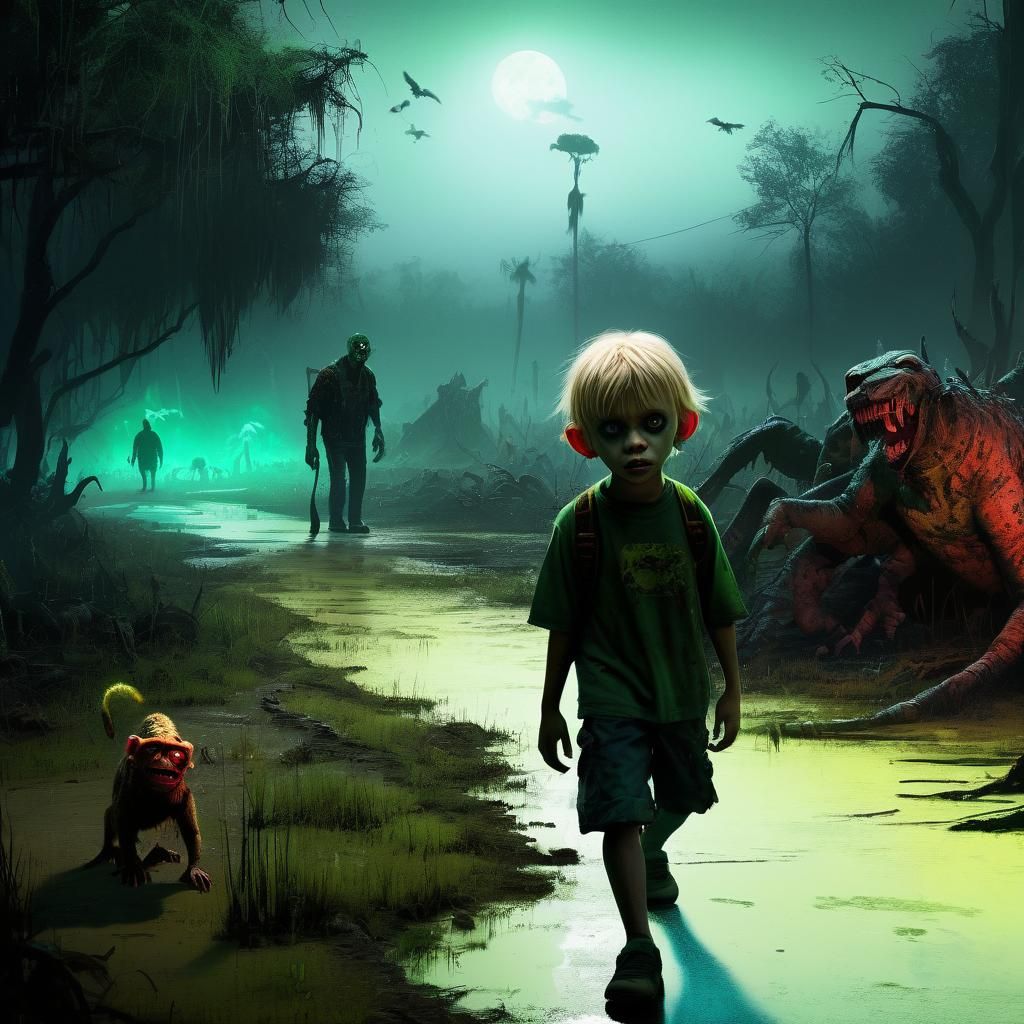 Eerie Swamp Scene with Zombie Clown, Concept Art