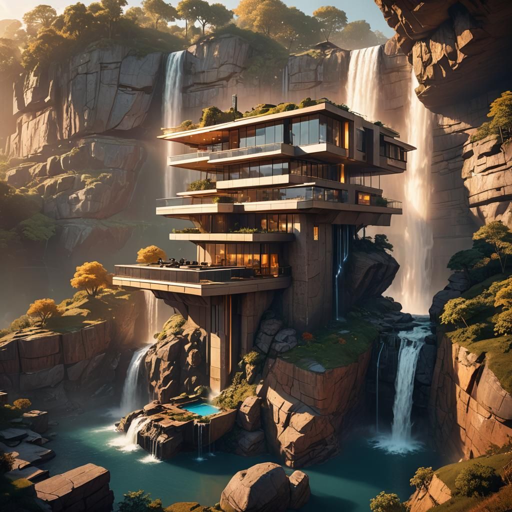 Futuristic Cliffside House with Waterfall in Cyberpunk Style