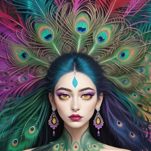 Surreal Woman with Peacock Hair, Vibrant Oil Painting