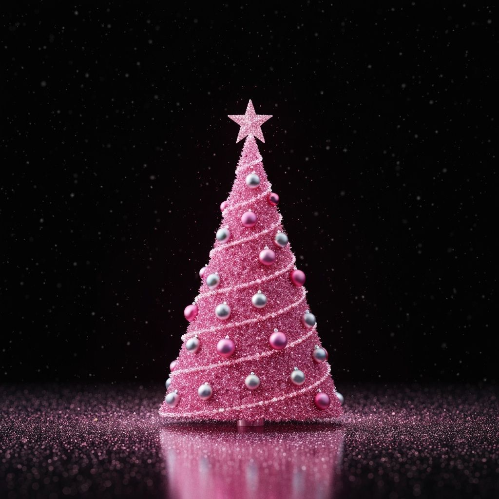 Sparkling Pink Christmas Tree with Star and Falling Snowflak...