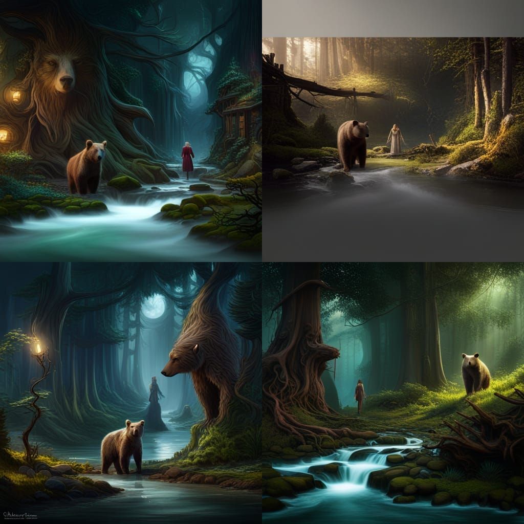 Bear and Woman in Woods: Detailed Matte Painting
