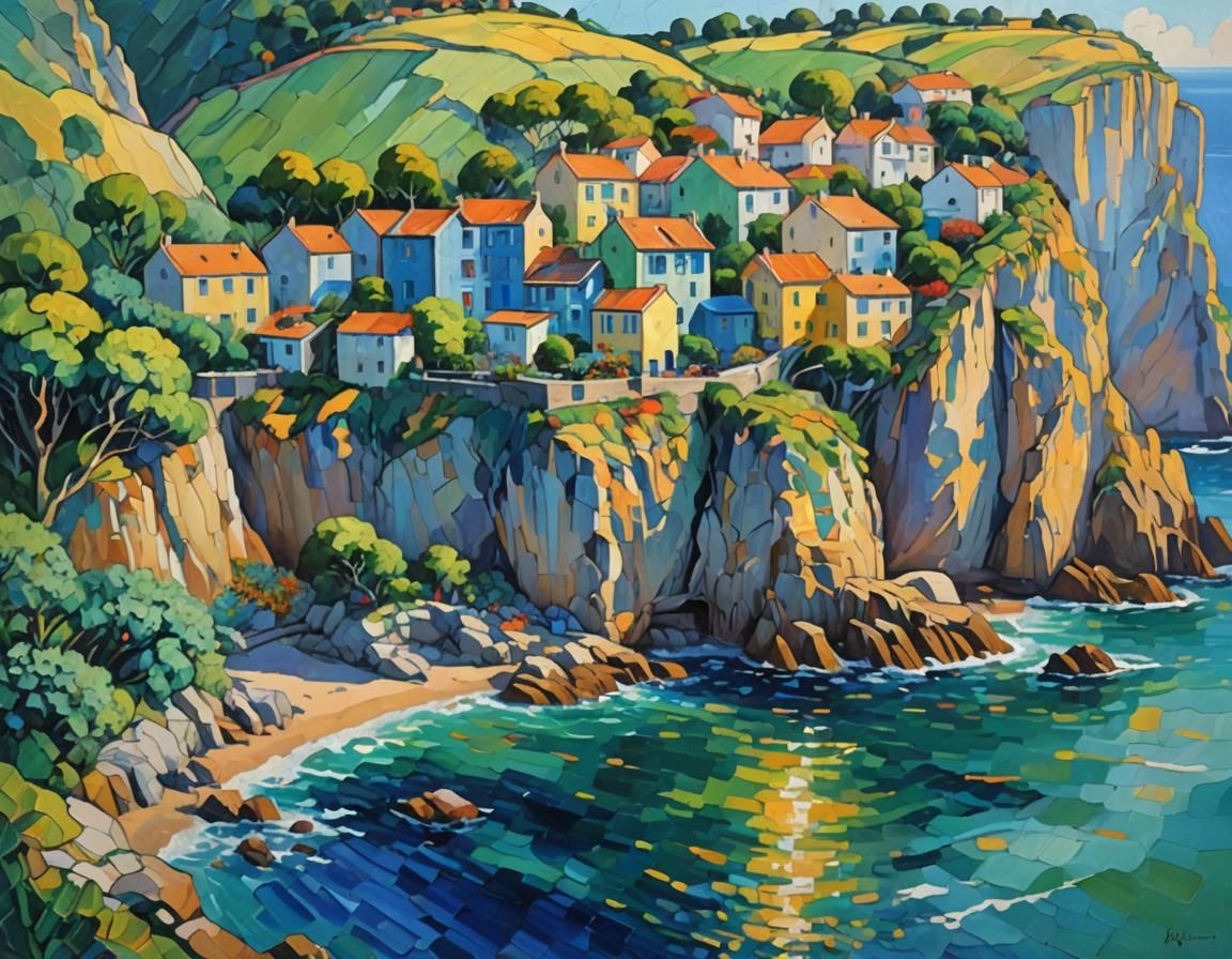 Italian Riviera Cliffs in Neo-Impressionist Style