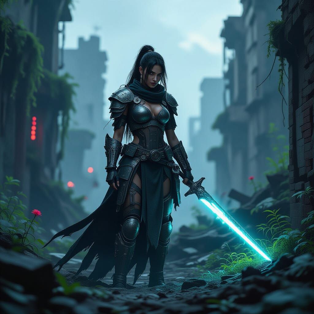 Warrior Woman in Ruined City with Glowing Sword