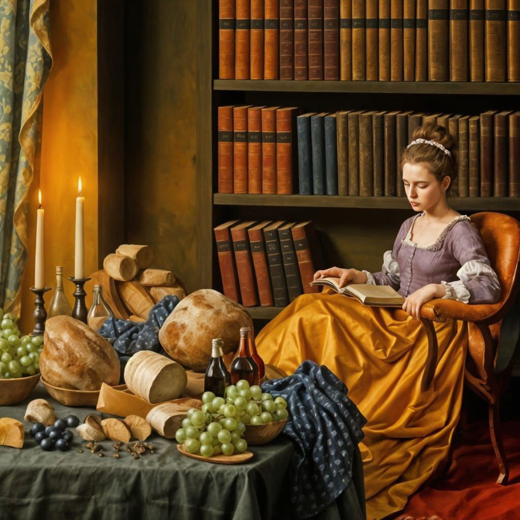 Renaissance Woman Reading by Still Life, Oil Painting