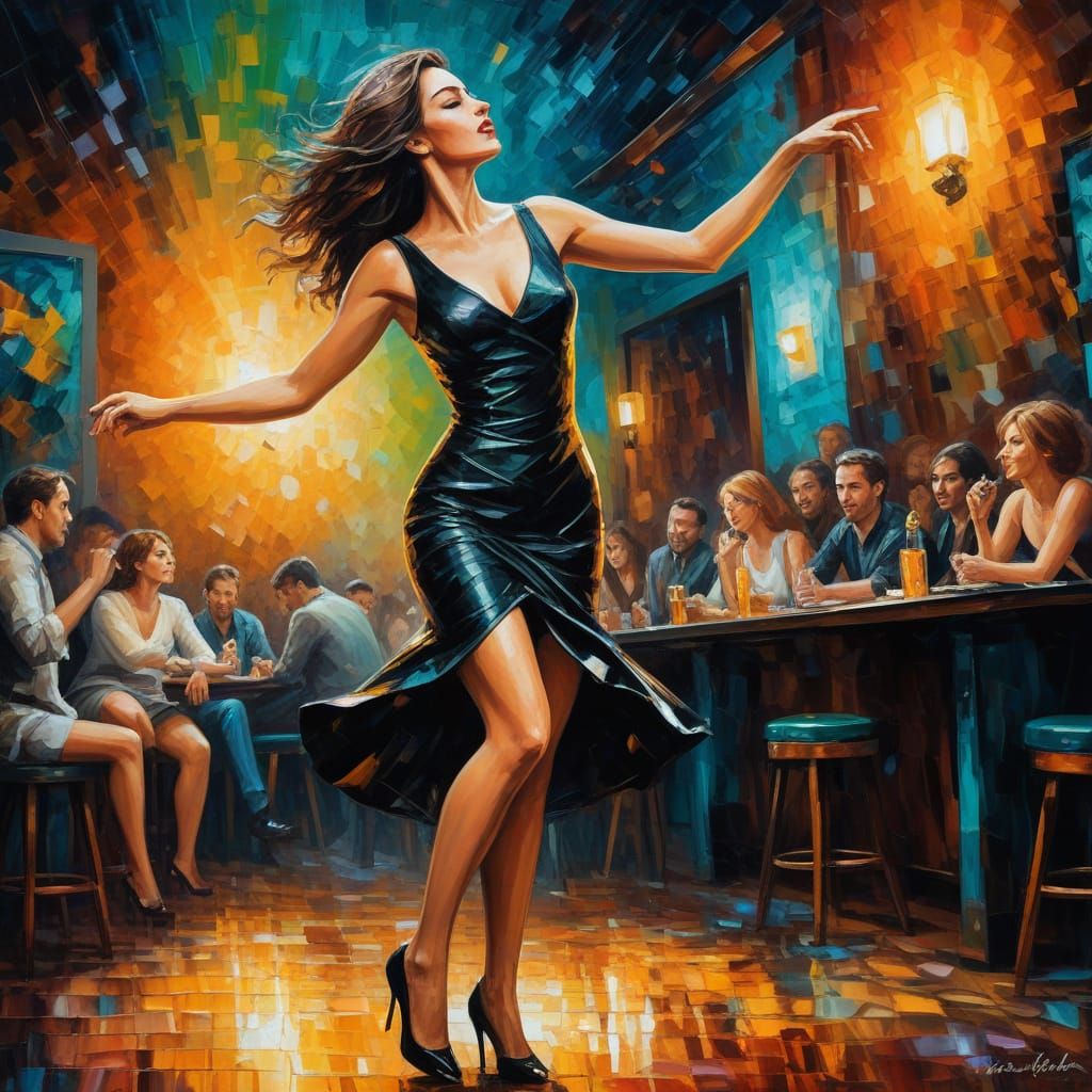 Woman in Black Leather Dancing at a Club in Vibrant Impressi...