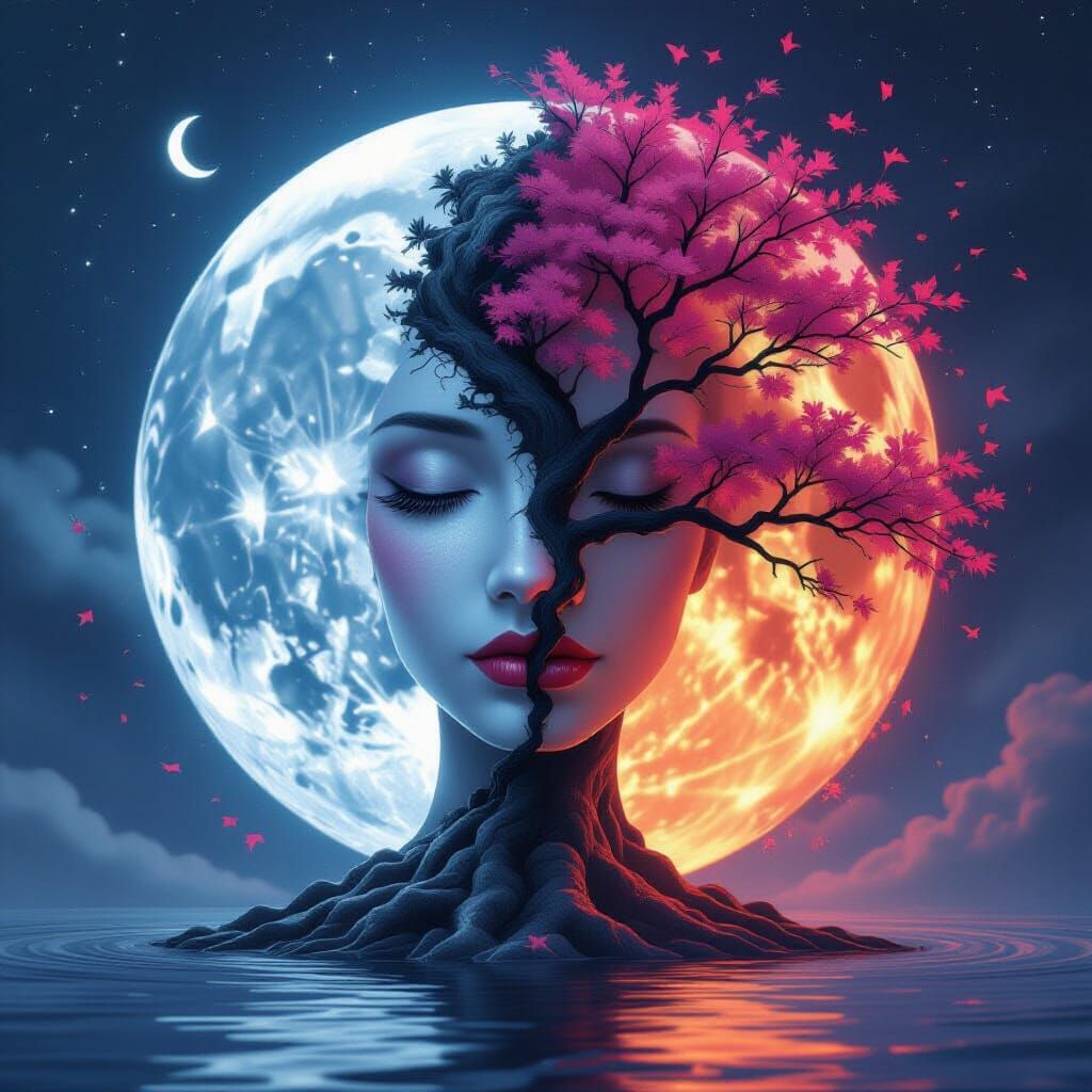 Ancient Cherry Tree Yin-Yang Under Moonlight and Daylight