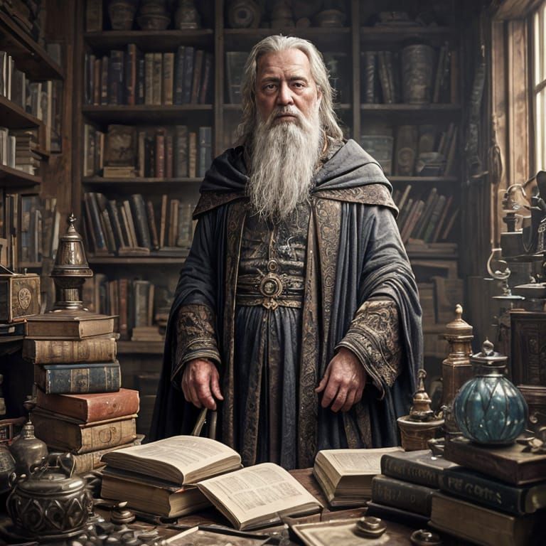 Wise Old Wizard in Cluttered Study