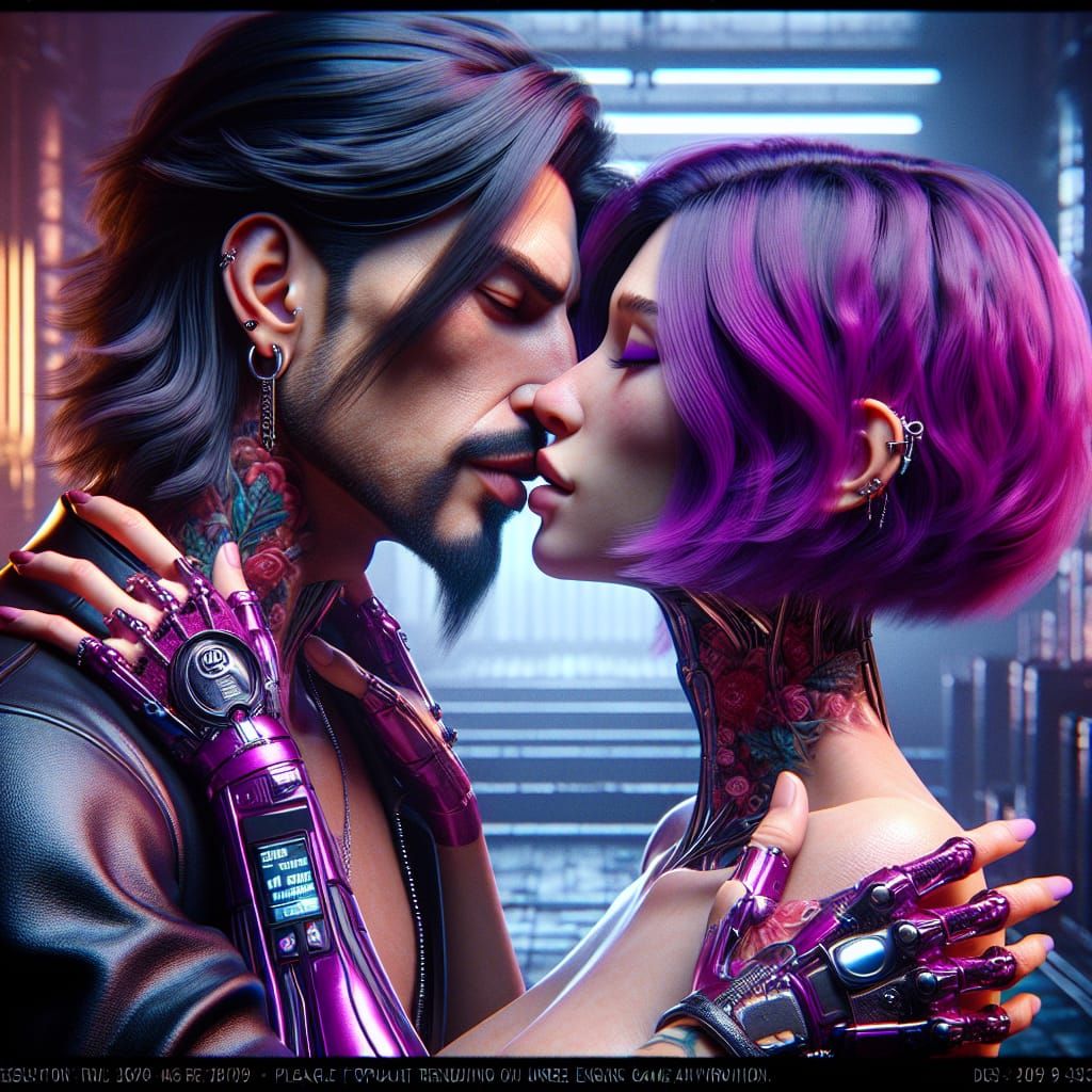 Cyberpunk Couple Kissing in Romantic Fantasy Style