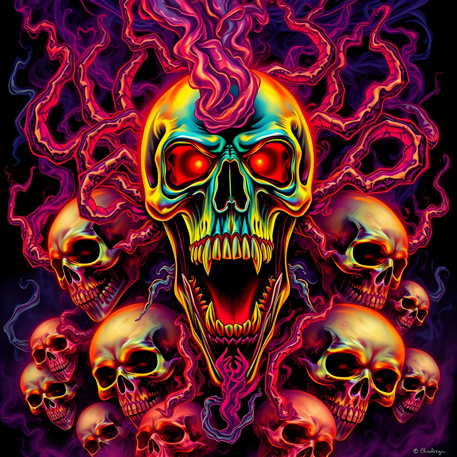 Psychedelic Skulls in Neon Smoke, Dark Fantasy Art