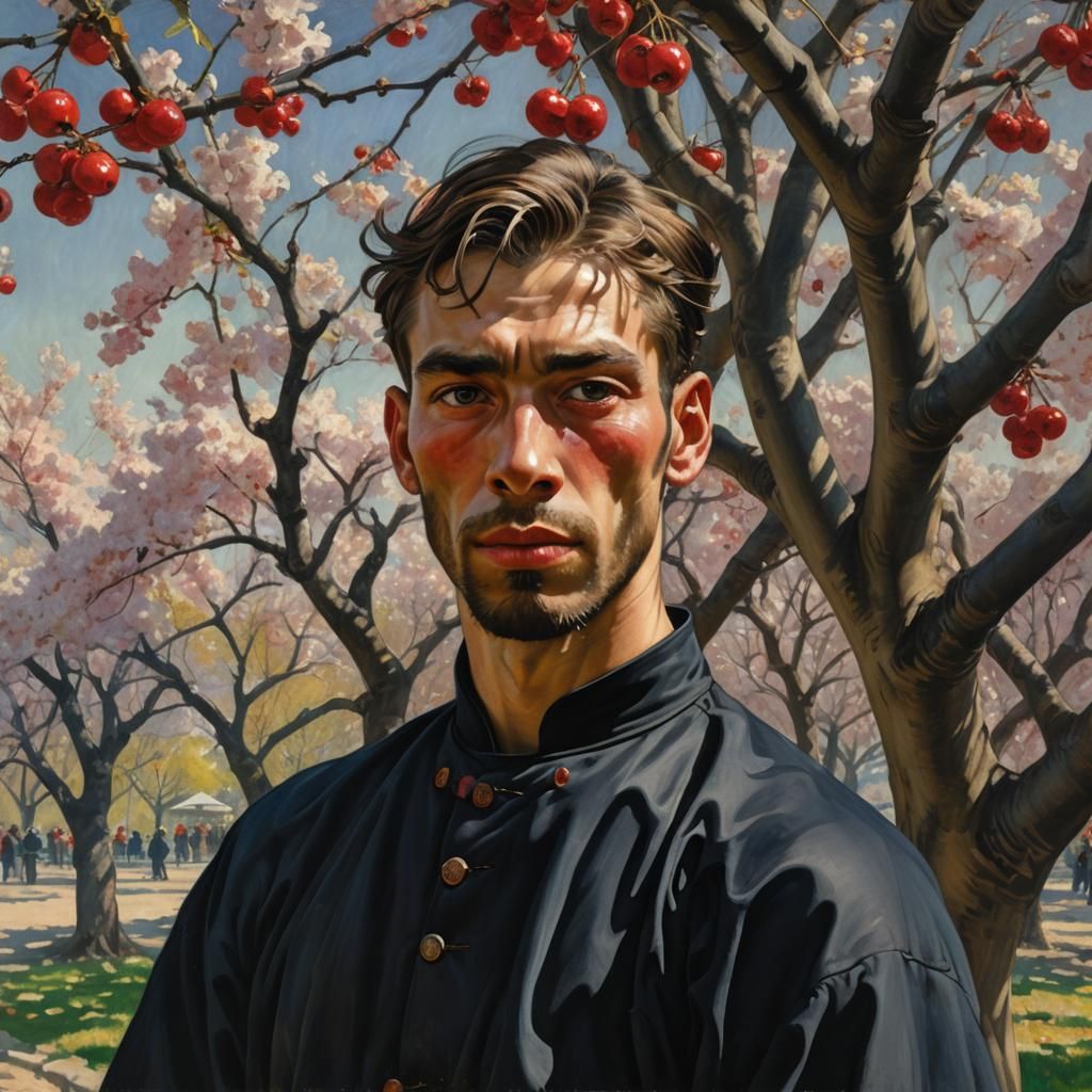 Expressive Portrait With Cherry Tree Background