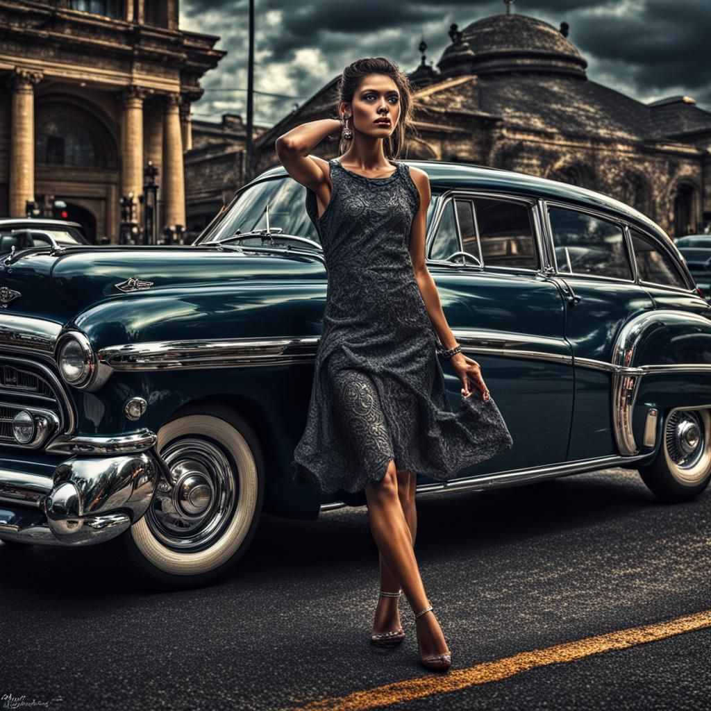Glamorous Woman and Car in Hyperrealistic Style