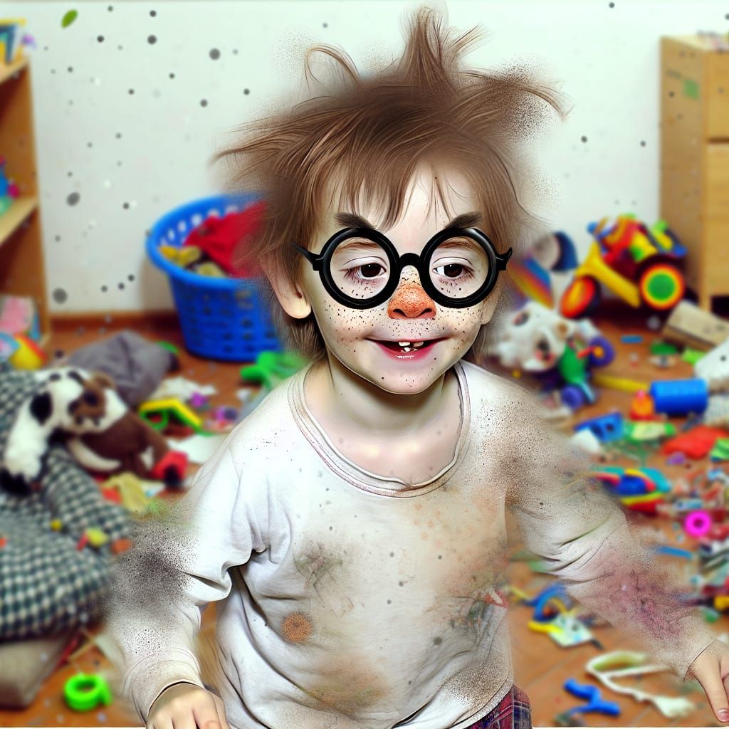 Child with Freckles Playing in a Messy Room