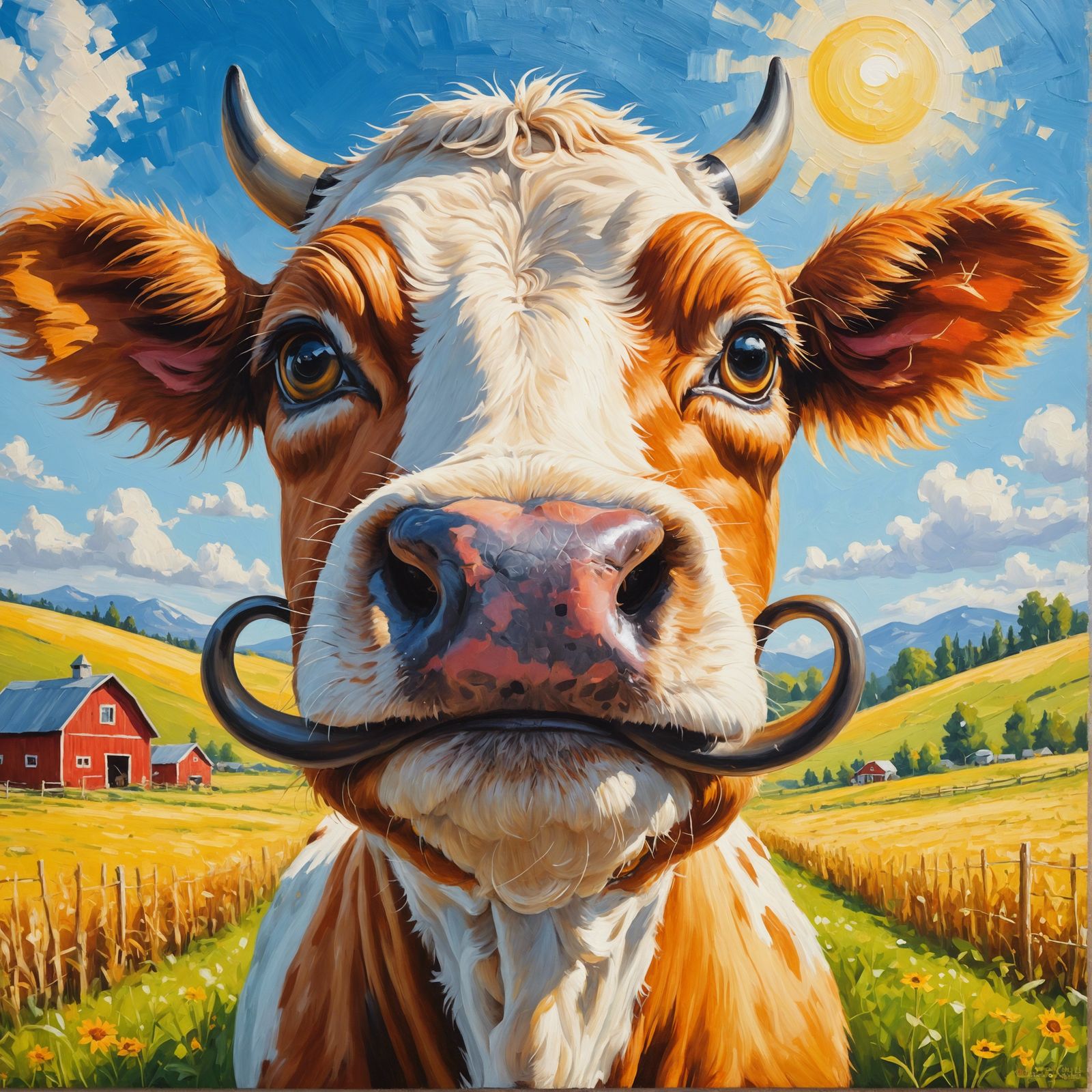 Cow with Handlebar Mustache in Sunny Field, Oil Painting
