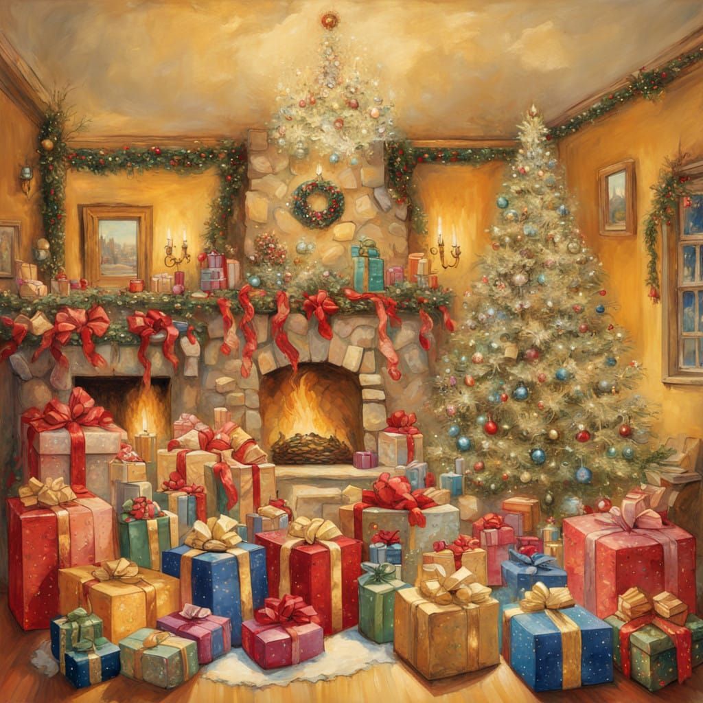 Majestic Christmas Gift Mountain in Whimsical Impressionist....