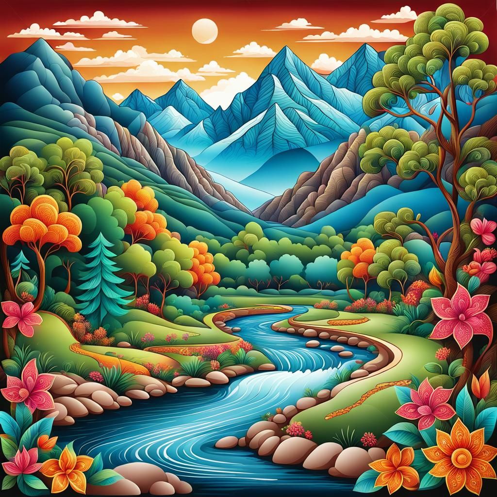 Mehendi Style Landscape with River and Mountains