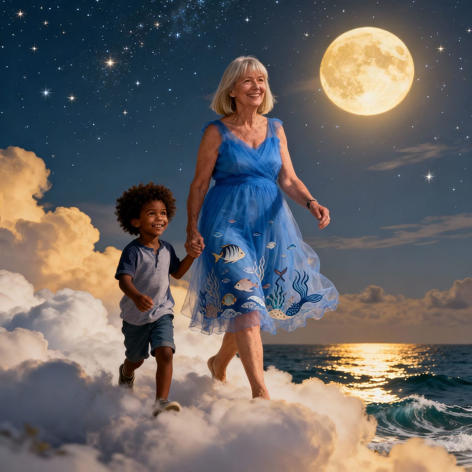 Joyful Boy and Grandmother Stroll on Clouds