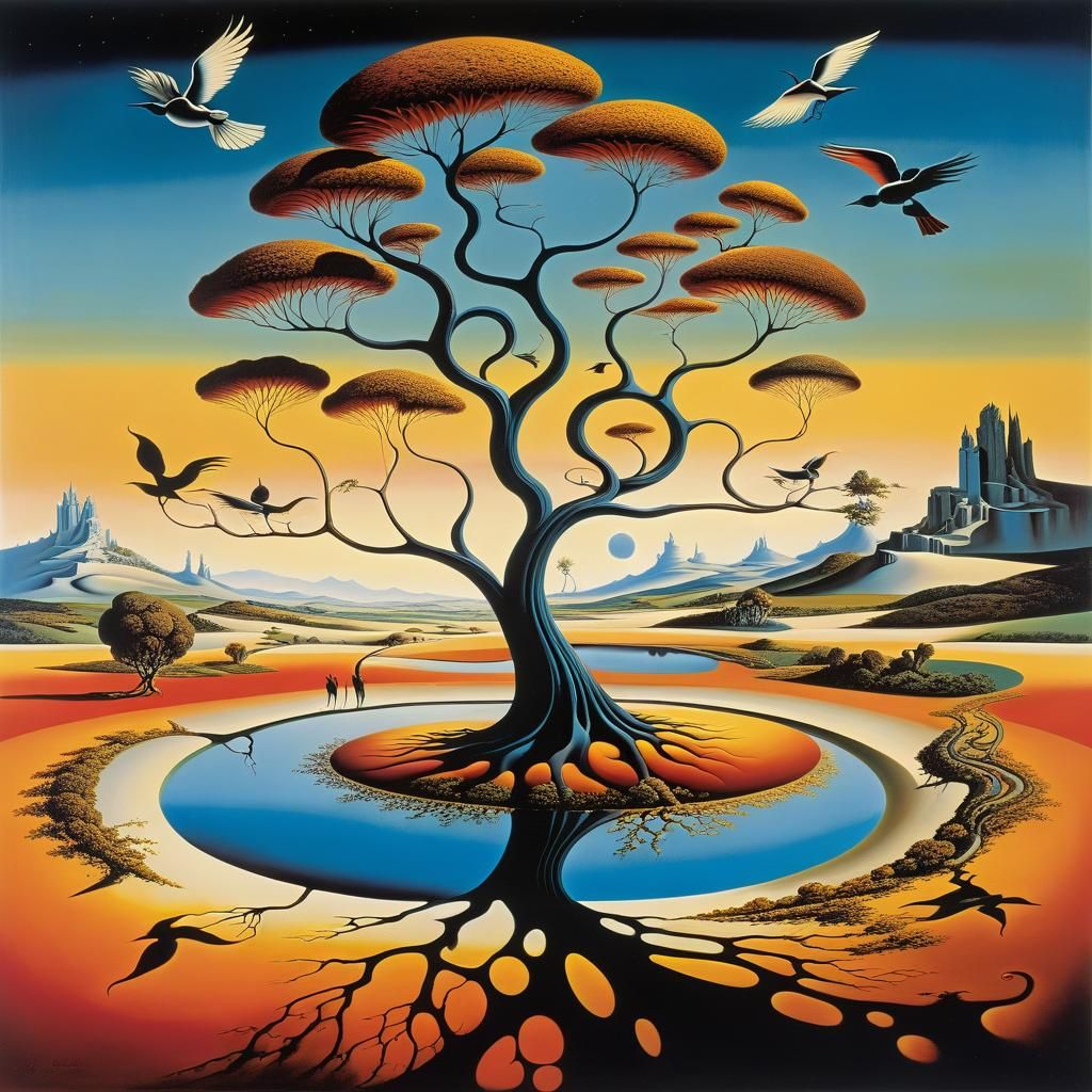 Surreal Landscape with Elastic Flora and Human Eye