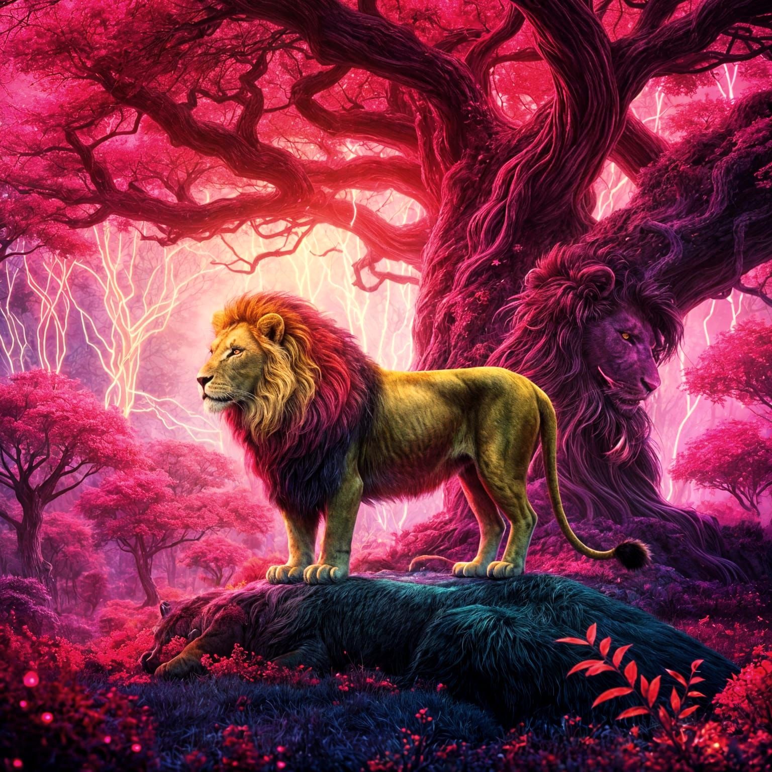 Neon Lion in a Sparkling Magical Ruby Land