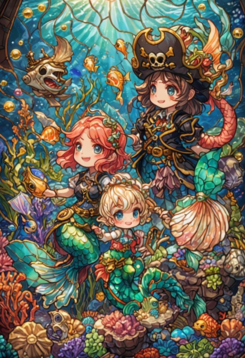 Chibi Pirate Mermaids in Stained Glass Style