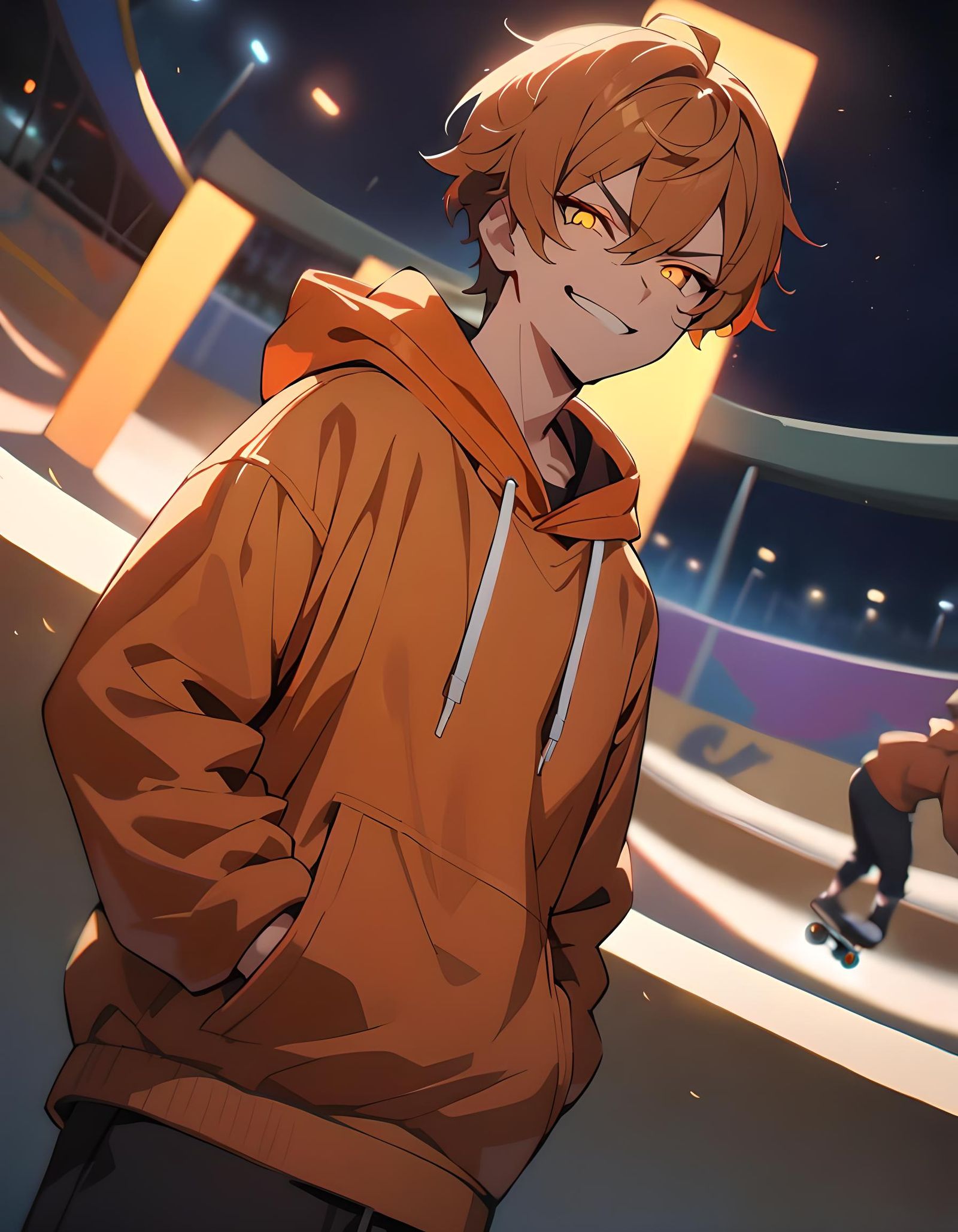 Boy with Fiery Hair in Skate Park at Night