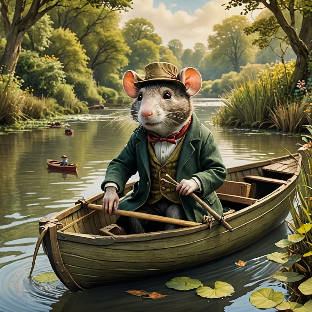 Rattie in Rowboat by Riverbank