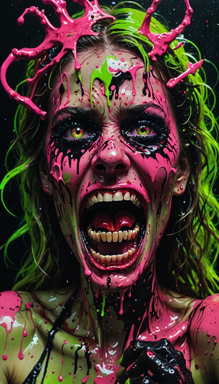 Distressed Girl's Agonized Scream in Neon Biomechanical Art