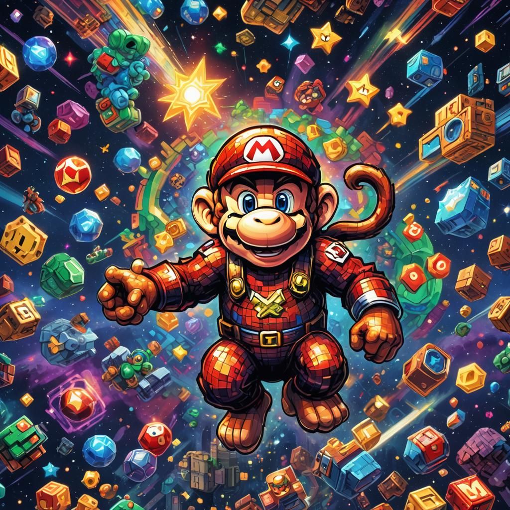 8-Bit Super Mario Monkey in Mixed Media