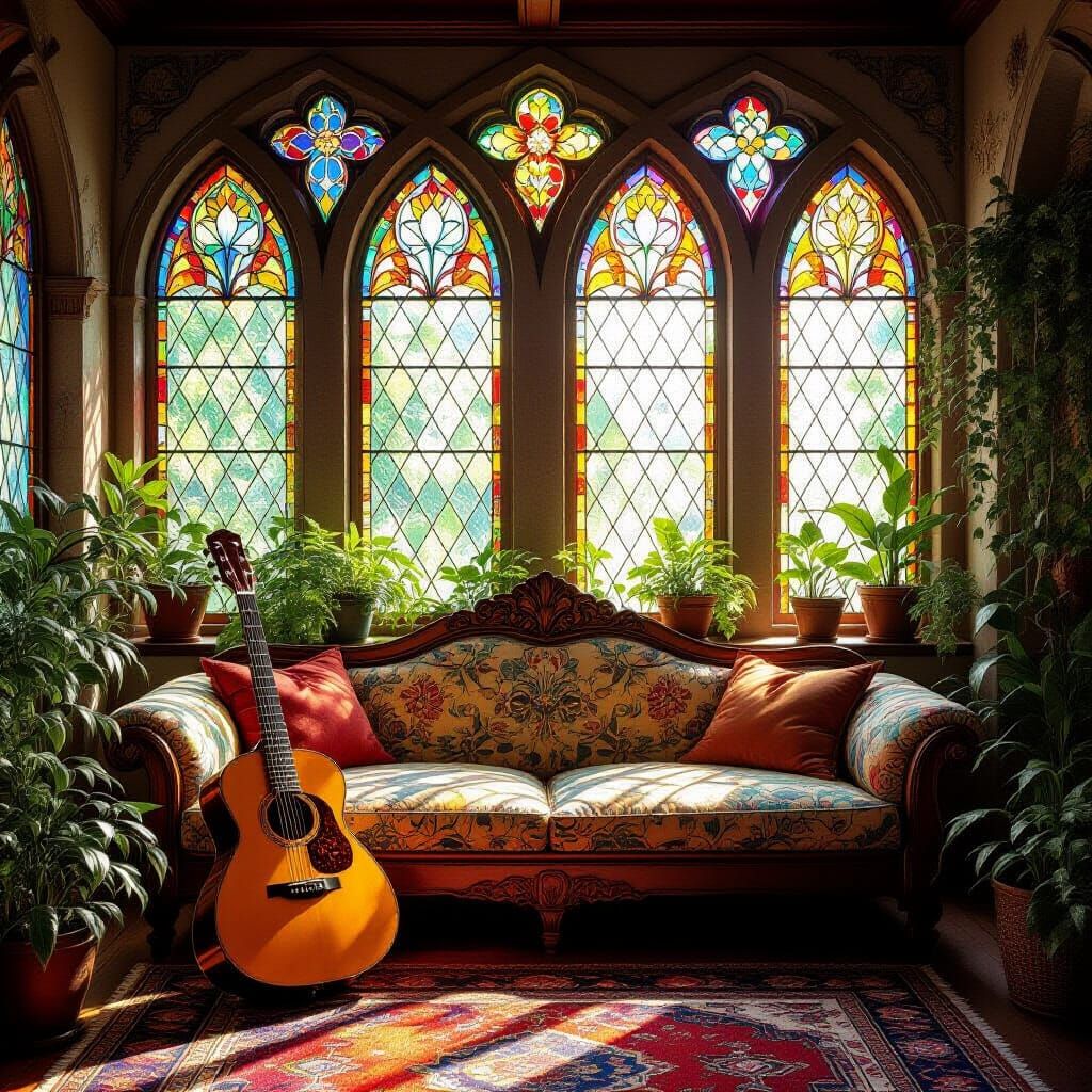 Medieval Lounge with Sunlight in Pre-Raphaelite Style
