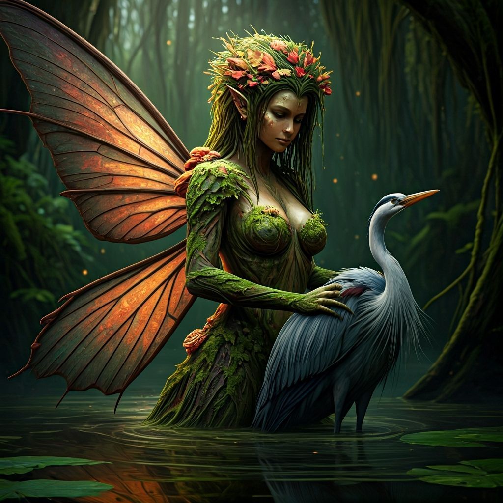 Swamp Fairy Heals Heron in Lush Wetland Art