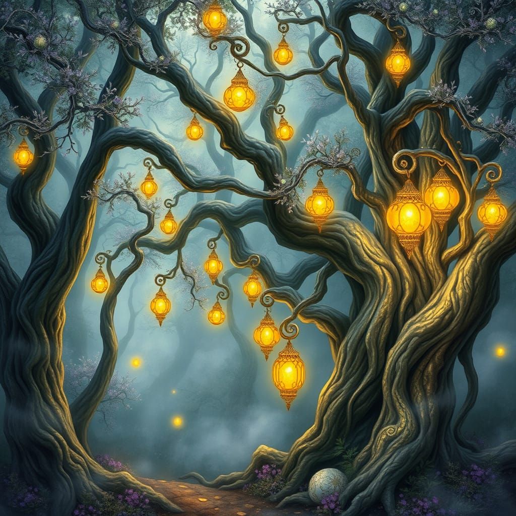 Mystical Forest with Silver and Gold Filigree