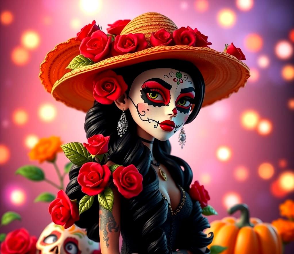 Catrina Masked Woman in Pixar Style with Sugar Skull