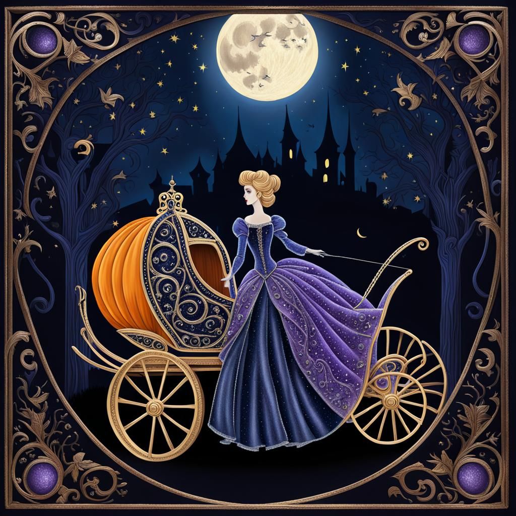 Cinderella Steps into Pumpkin Carriage under Moonlight