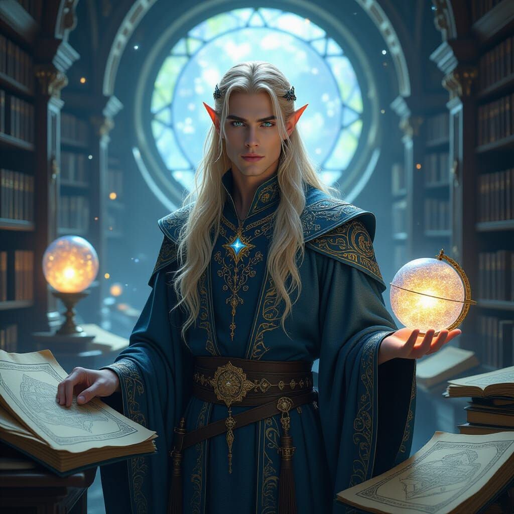Mystical Elven Prince in a Moonlit Library