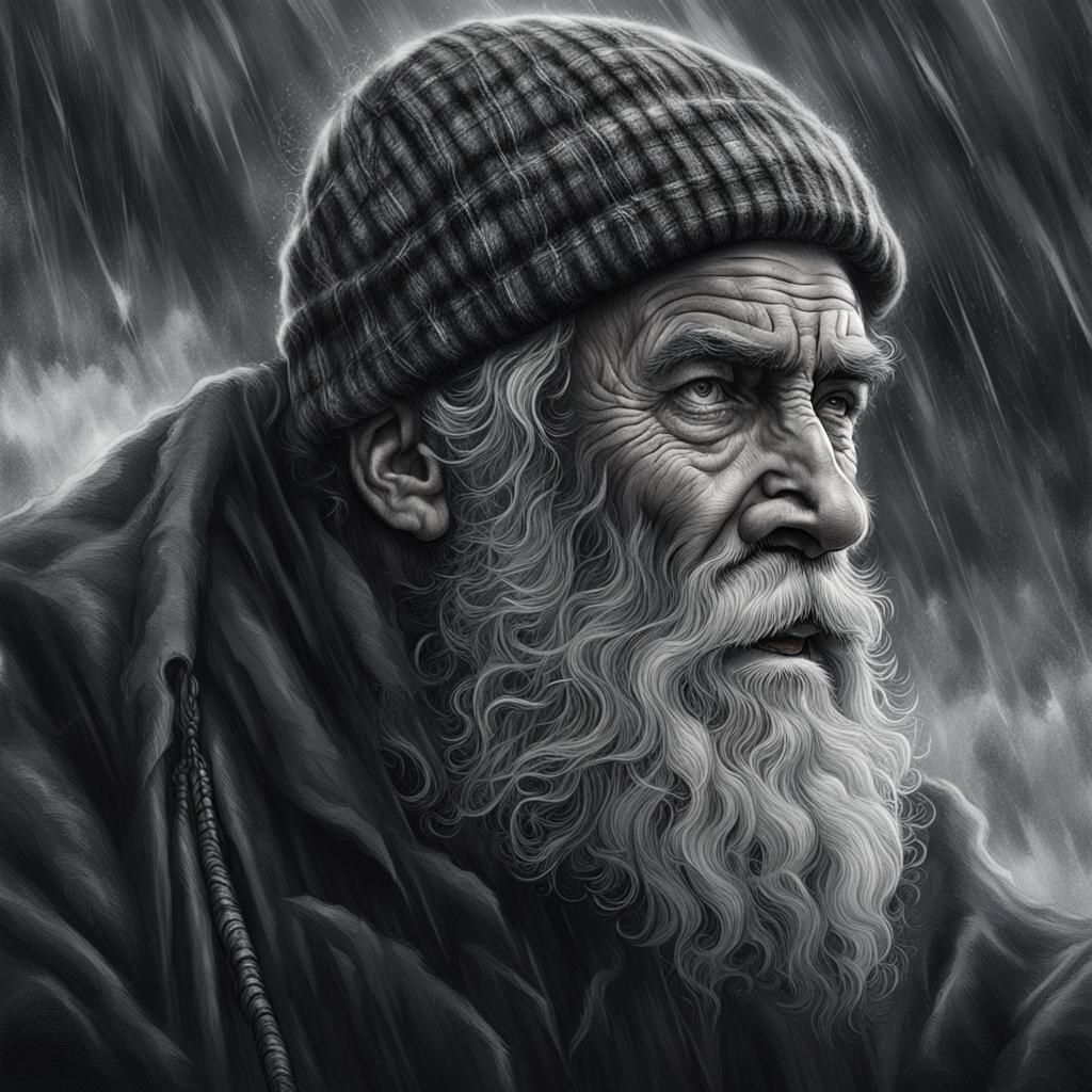 Old Fisherman in Storm: Detailed Pencil Drawing