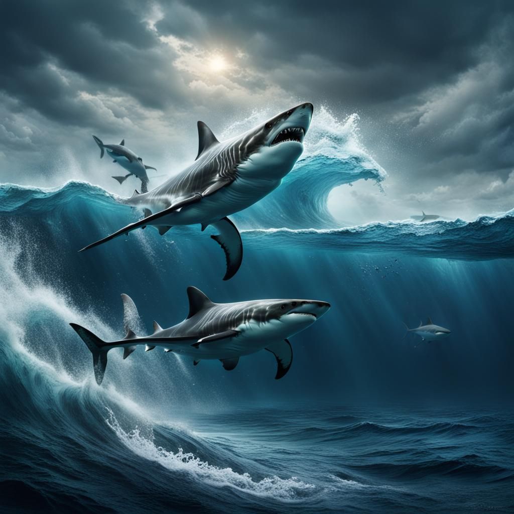 Realistic Sharks Swimming in a Dramatic Ocean