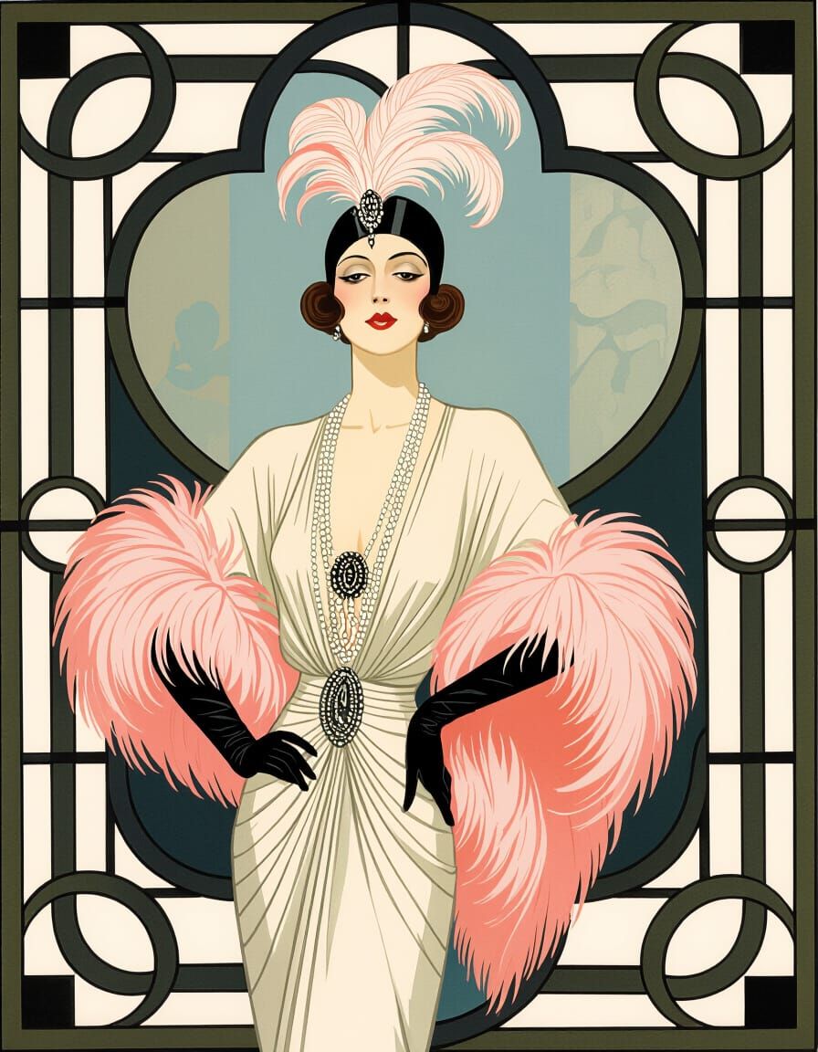 Elegant Art Deco Woman in Peach Feather Coat