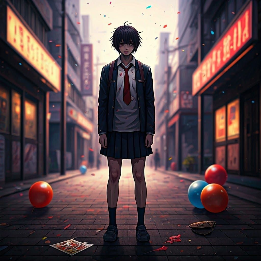 Anime Student in City Street with Confetti