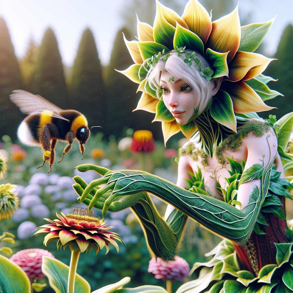 Flower Fairy and Bumblebee in Lush Garden