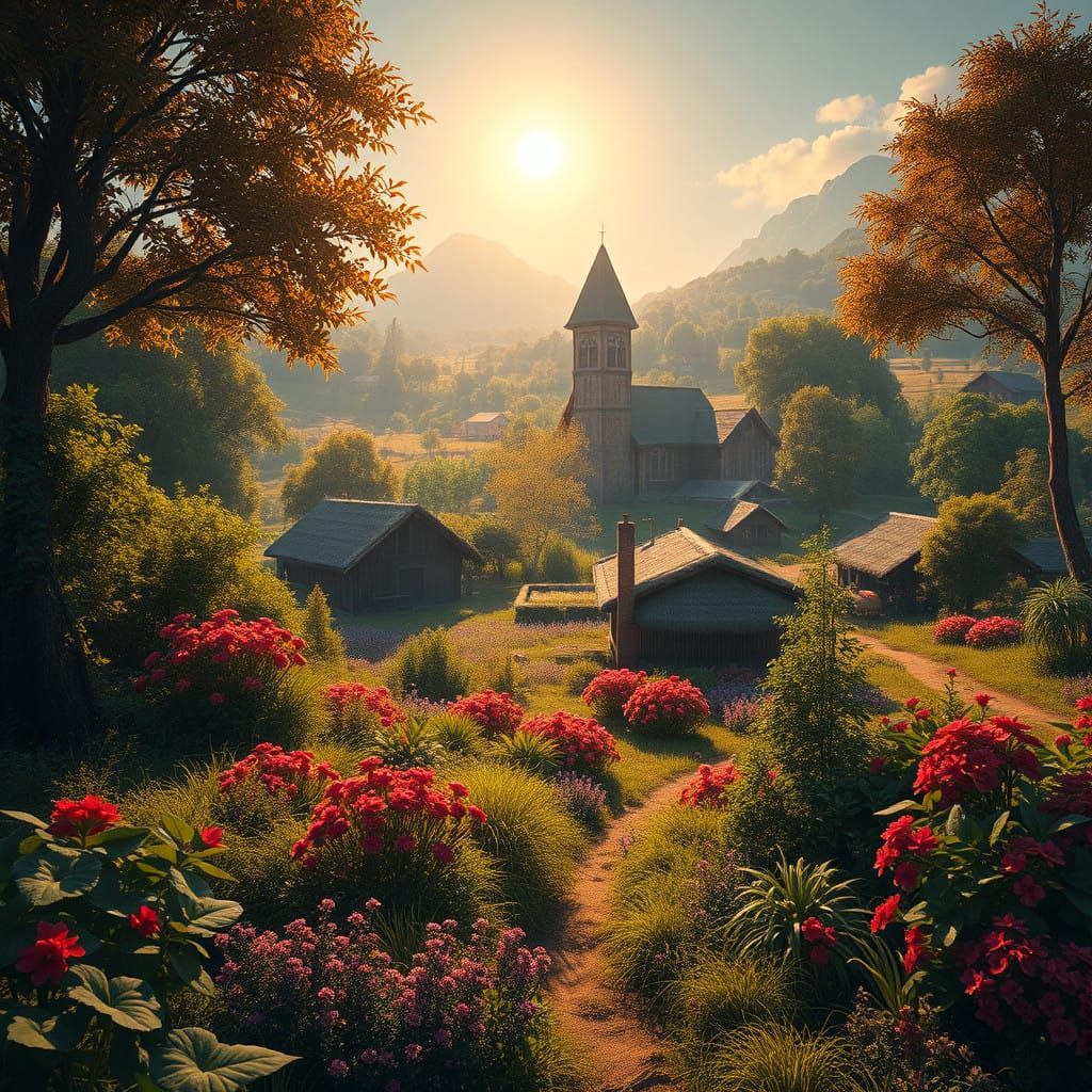 Peaceful Farm Oasis Basking in Golden Light