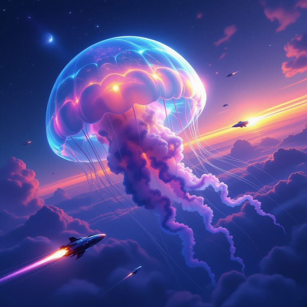 Bioluminescent Jellyfish in Gas Giant Atmosphere with Spaces...